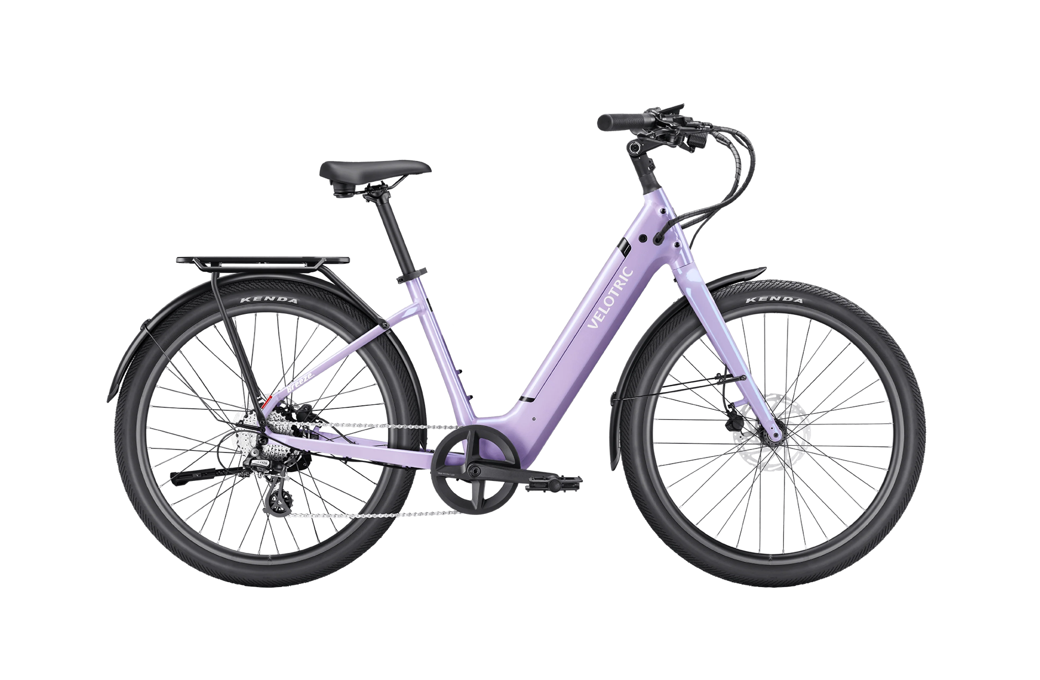 Lavender step-thru e-bike with integrated battery and sleak silhouette