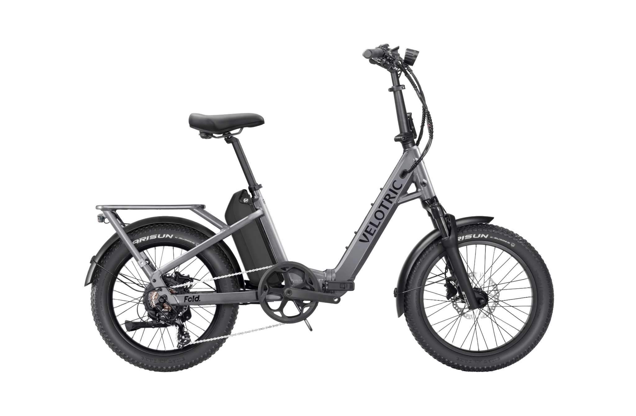 Gray folding electric bike with step-through frame, built-in rear rack, small wheels, and wide tractioned tires