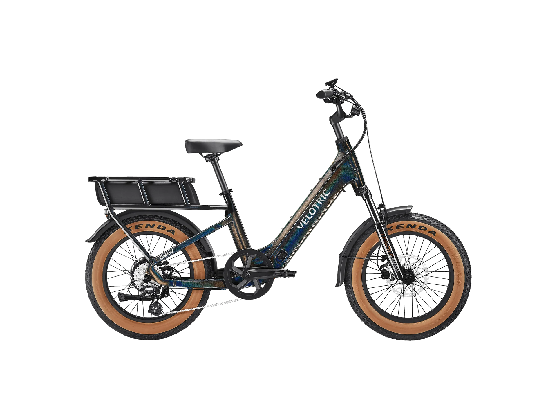 Dark opalescent step-thru e-bike with extra wide tan-wall tires, suspension fork, and heavy duty rear rack