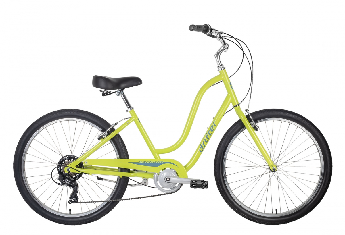 Lime-green step-through city bicycle with wide black seat and tires